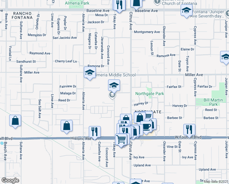 map of restaurants, bars, coffee shops, grocery stores, and more near 7846 Tokay Avenue in Fontana