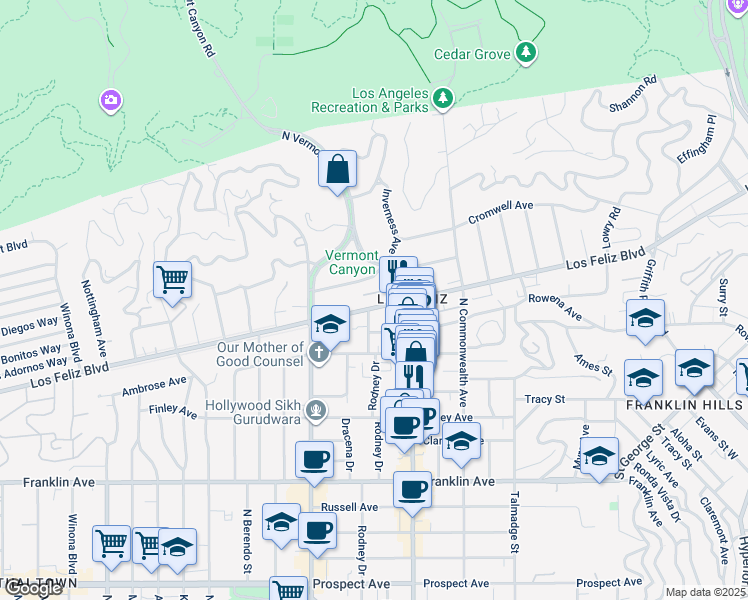 map of restaurants, bars, coffee shops, grocery stores, and more near 4545 Los Feliz Boulevard in Los Angeles