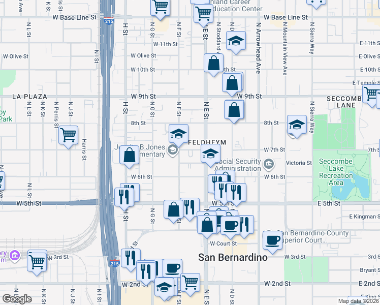 map of restaurants, bars, coffee shops, grocery stores, and more near 551 West 7th Street in San Bernardino
