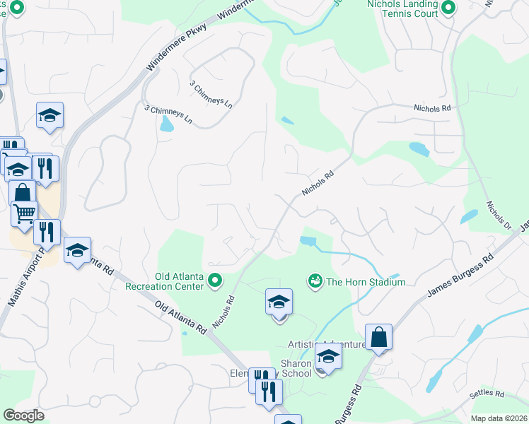 map of restaurants, bars, coffee shops, grocery stores, and more near 562 Nichols Road in Suwanee