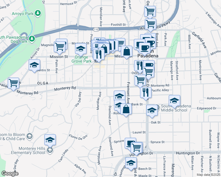 map of restaurants, bars, coffee shops, grocery stores, and more near in South Pasadena