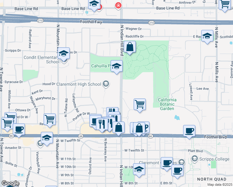 map of restaurants, bars, coffee shops, grocery stores, and more near 1601 N Indian Hill Blvd in Claremont