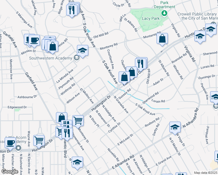 map of restaurants, bars, coffee shops, grocery stores, and more near 1340 North Granada Avenue in San Marino