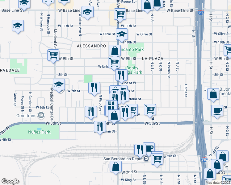 map of restaurants, bars, coffee shops, grocery stores, and more near 694 North Mount Vernon Avenue in San Bernardino