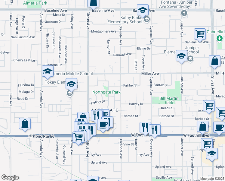 map of restaurants, bars, coffee shops, grocery stores, and more near 7801 Pinyon Avenue in Fontana
