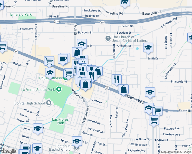 map of restaurants, bars, coffee shops, grocery stores, and more near in La Verne