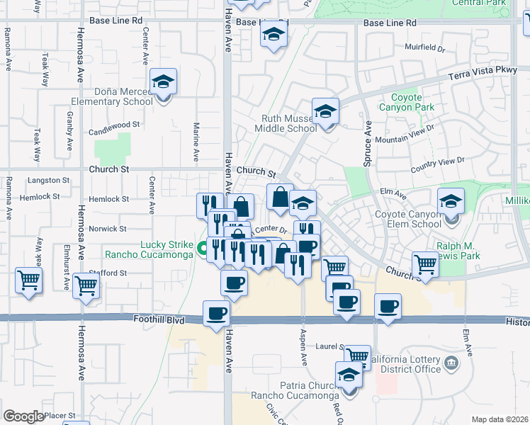 map of restaurants, bars, coffee shops, grocery stores, and more near 7819 Paxton Place in Rancho Cucamonga