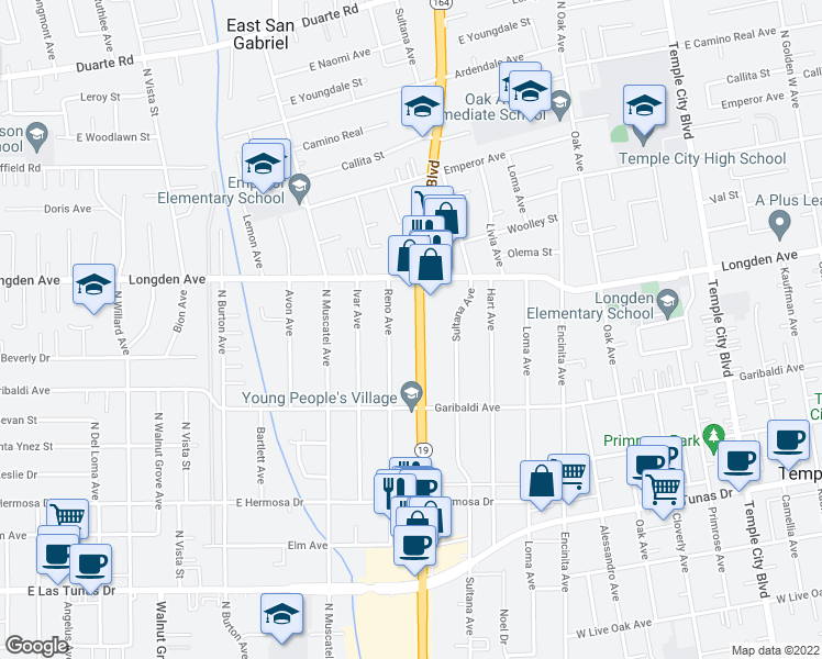 map of restaurants, bars, coffee shops, grocery stores, and more near 6209 Rosemead Boulevard in Temple City