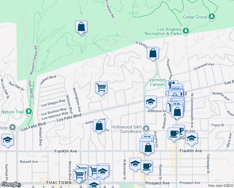 map of restaurants, bars, coffee shops, grocery stores, and more near 2242 North Catalina Street in Los Angeles