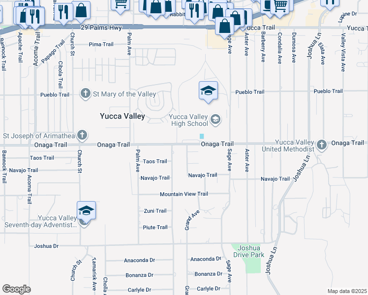 map of restaurants, bars, coffee shops, grocery stores, and more near 7714 Grand Avenue in Yucca Valley