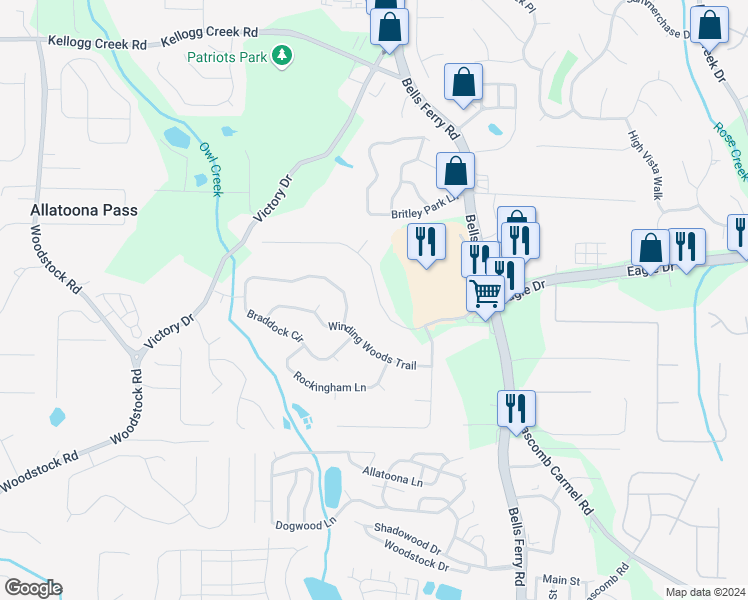 map of restaurants, bars, coffee shops, grocery stores, and more near 1646 Eagle Drive in Woodstock