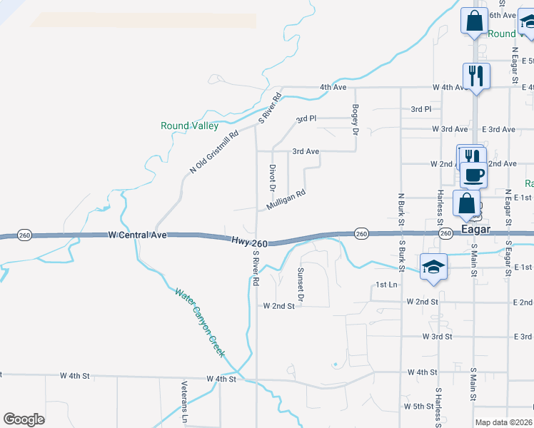 map of restaurants, bars, coffee shops, grocery stores, and more near Mulligan Road in Eagar