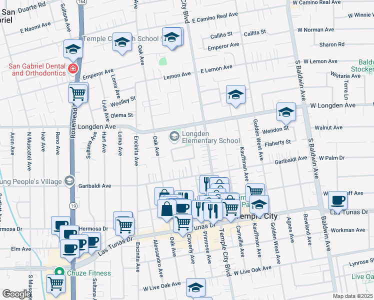map of restaurants, bars, coffee shops, grocery stores, and more near 9549 Flaherty Street in Temple City