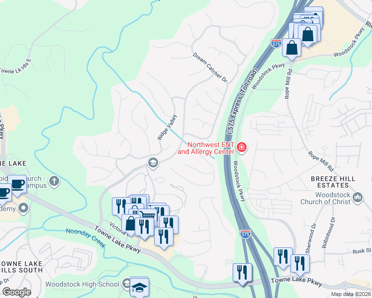map of restaurants, bars, coffee shops, grocery stores, and more near 4203 Moccasin Trail in Woodstock