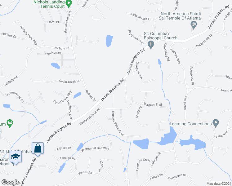 map of restaurants, bars, coffee shops, grocery stores, and more near 1325 Thunder Gulch Pass in Suwanee