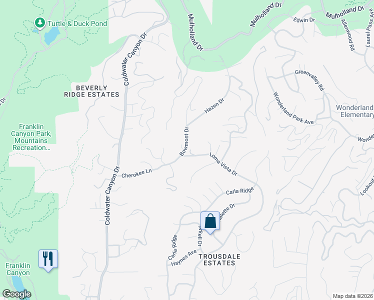 map of restaurants, bars, coffee shops, grocery stores, and more near 2210 Bowmont Drive in Beverly Hills