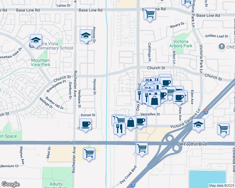 map of restaurants, bars, coffee shops, grocery stores, and more near 12187 North Mainstreet in Rancho Cucamonga