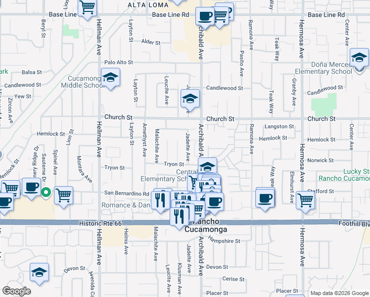 map of restaurants, bars, coffee shops, grocery stores, and more near 7841 Klusman Avenue in Rancho Cucamonga