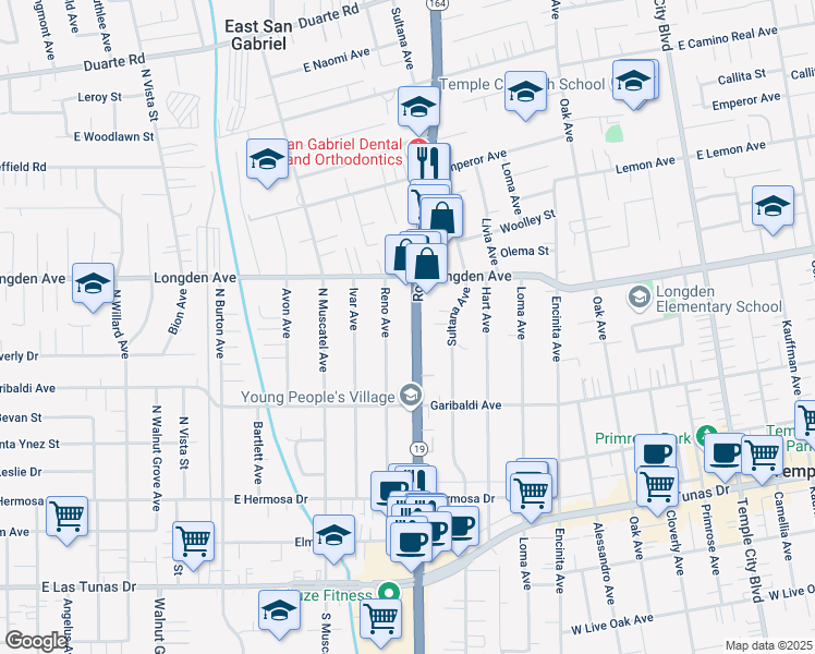 map of restaurants, bars, coffee shops, grocery stores, and more near 6209 Rosemead Boulevard in Temple City