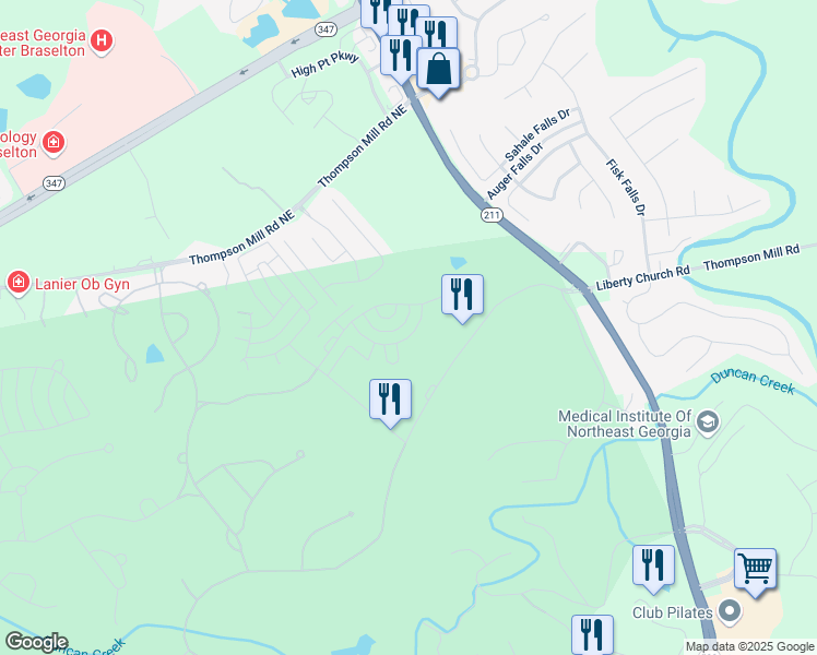 map of restaurants, bars, coffee shops, grocery stores, and more near 5964 Chickasaw Lane in Braselton