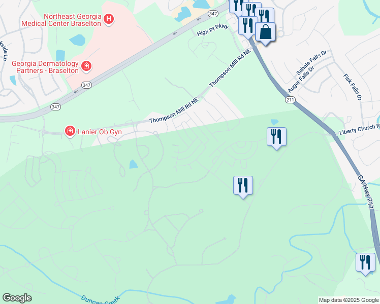 map of restaurants, bars, coffee shops, grocery stores, and more near 5831 Choctaw Lane in Braselton