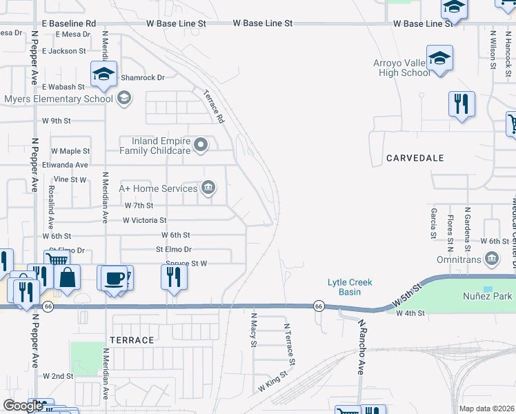 map of restaurants, bars, coffee shops, grocery stores, and more near 698 Terrace Road in San Bernardino