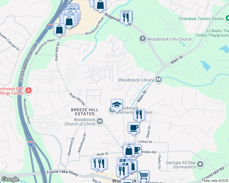 map of restaurants, bars, coffee shops, grocery stores, and more near 527 Quinn Drive in Woodstock