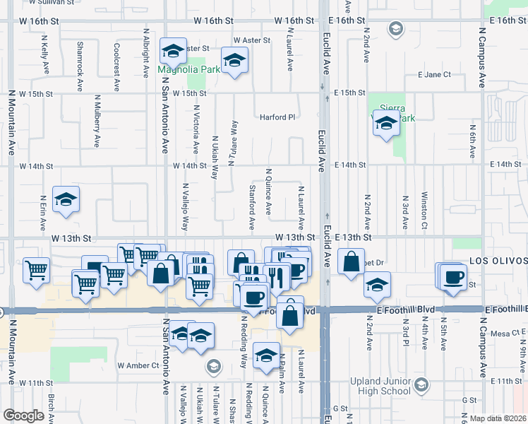 map of restaurants, bars, coffee shops, grocery stores, and more near 1326 Stanford Avenue in Upland