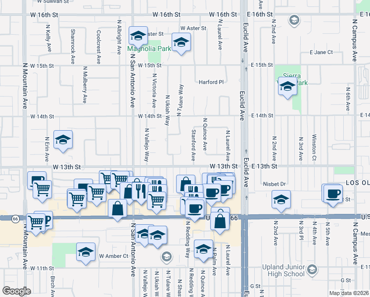 map of restaurants, bars, coffee shops, grocery stores, and more near 1331 Taylor Way in Upland
