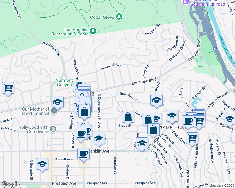 map of restaurants, bars, coffee shops, grocery stores, and more near 4209 Avocado Street in Los Angeles