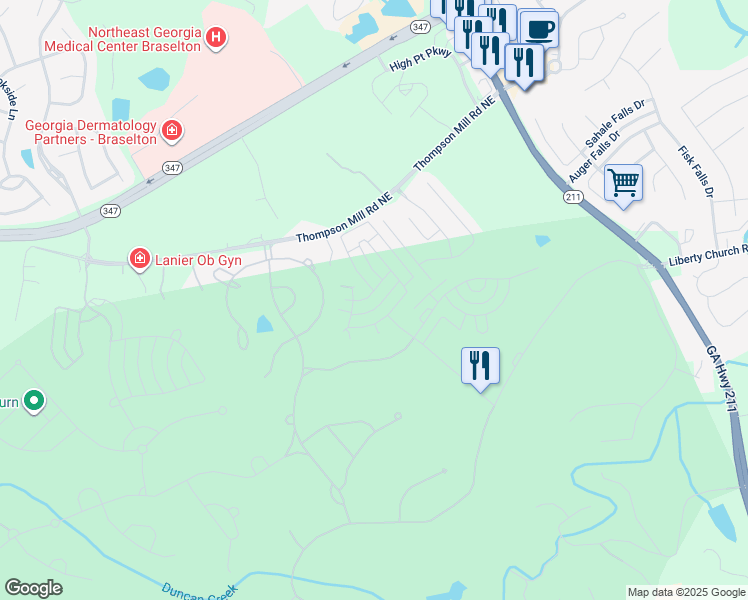 map of restaurants, bars, coffee shops, grocery stores, and more near 5831 Choctaw Lane in Braselton