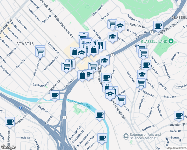 map of restaurants, bars, coffee shops, grocery stores, and more near 2910 North San Fernando Road in Los Angeles