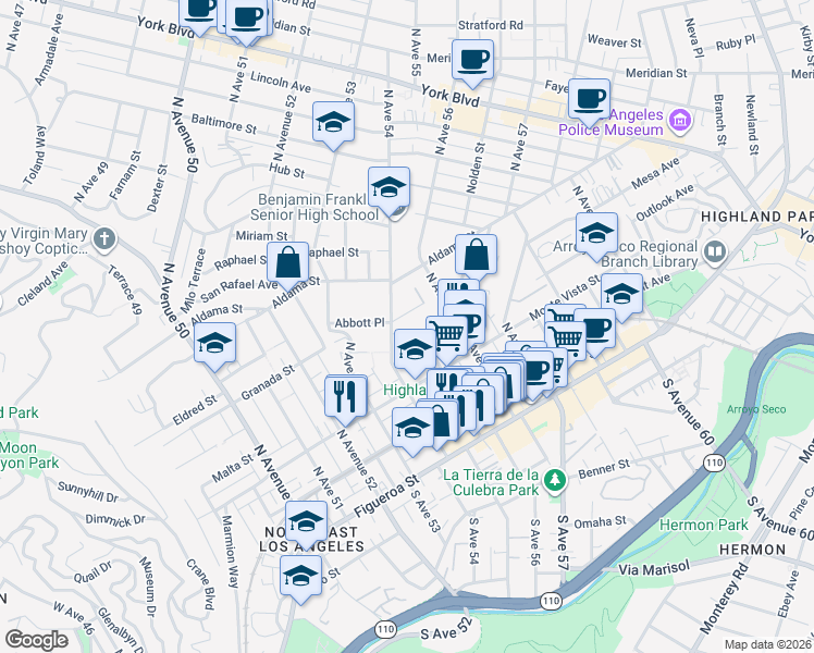 map of restaurants, bars, coffee shops, grocery stores, and more near 5412 Abbott Place in Los Angeles