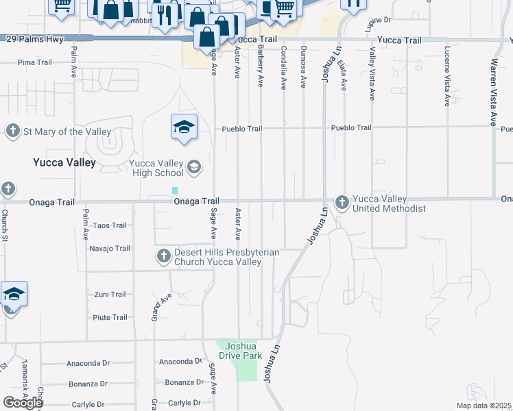 map of restaurants, bars, coffee shops, grocery stores, and more near 57029 Onaga Trail in Yucca Valley