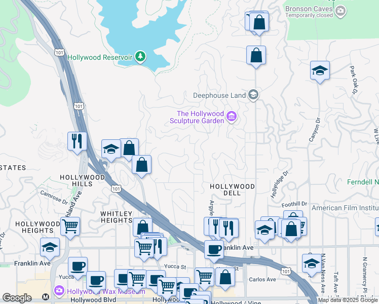 map of restaurants, bars, coffee shops, grocery stores, and more near 6338 Ivarene Avenue in Los Angeles