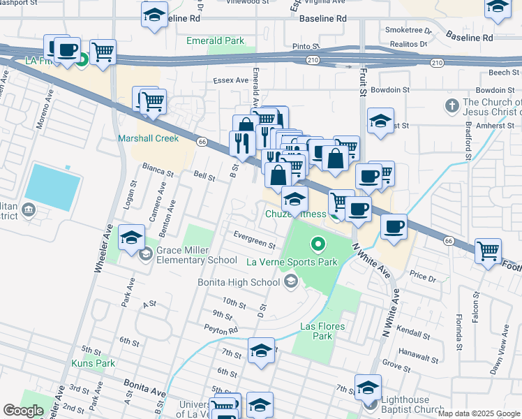 map of restaurants, bars, coffee shops, grocery stores, and more near 2026 Canopy Lane in La Verne