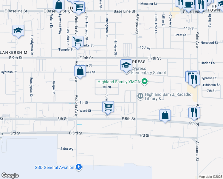map of restaurants, bars, coffee shops, grocery stores, and more near 26731 7th Street in Highland