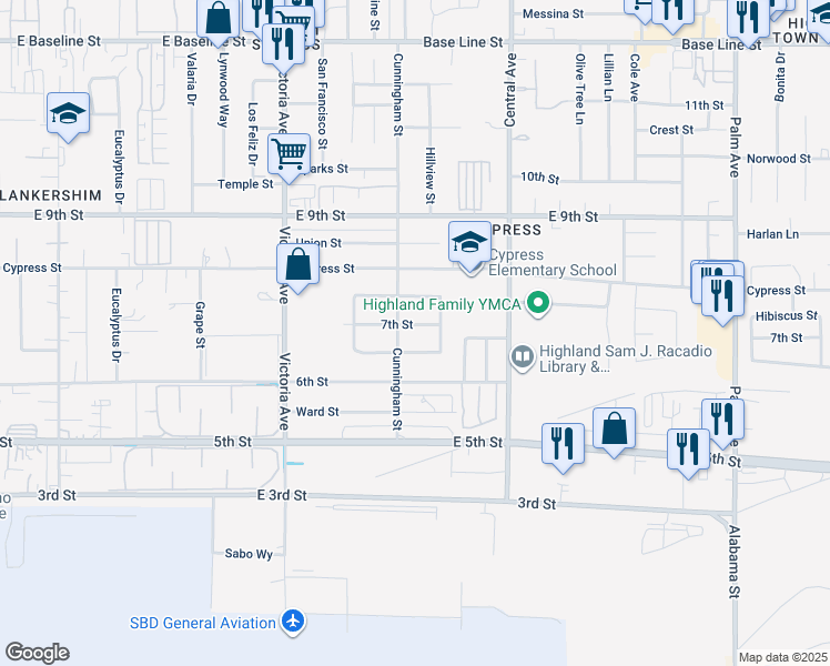 map of restaurants, bars, coffee shops, grocery stores, and more near 26731 7th Street in Highland