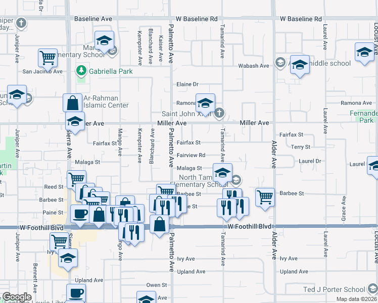map of restaurants, bars, coffee shops, grocery stores, and more near 17347 Fairview Road in Fontana
