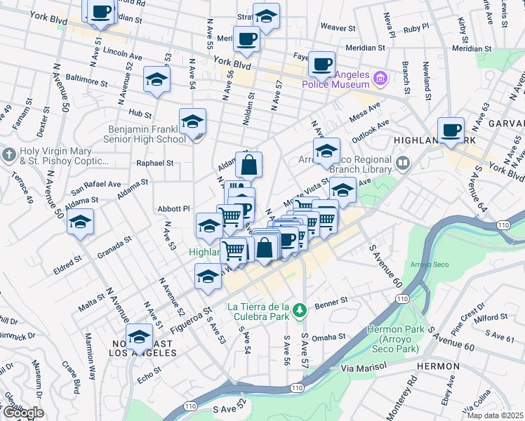 map of restaurants, bars, coffee shops, grocery stores, and more near 5635 Monte Vista Street in Los Angeles