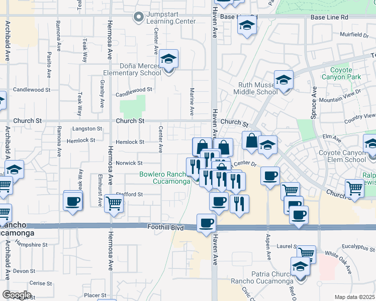 map of restaurants, bars, coffee shops, grocery stores, and more near 10440 Ashford Street in Rancho Cucamonga