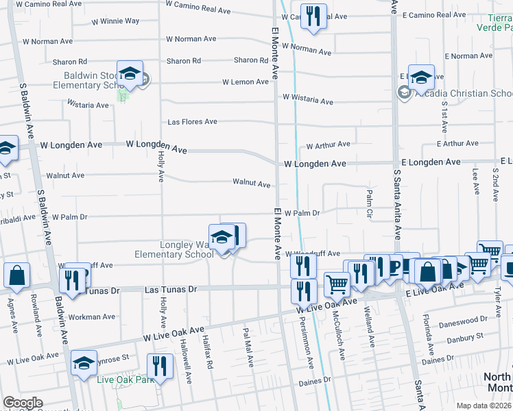 map of restaurants, bars, coffee shops, grocery stores, and more near 231 West Palm Drive in Arcadia
