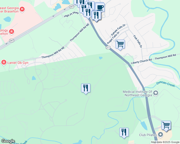 map of restaurants, bars, coffee shops, grocery stores, and more near 5964 Chickasaw Lane in Braselton