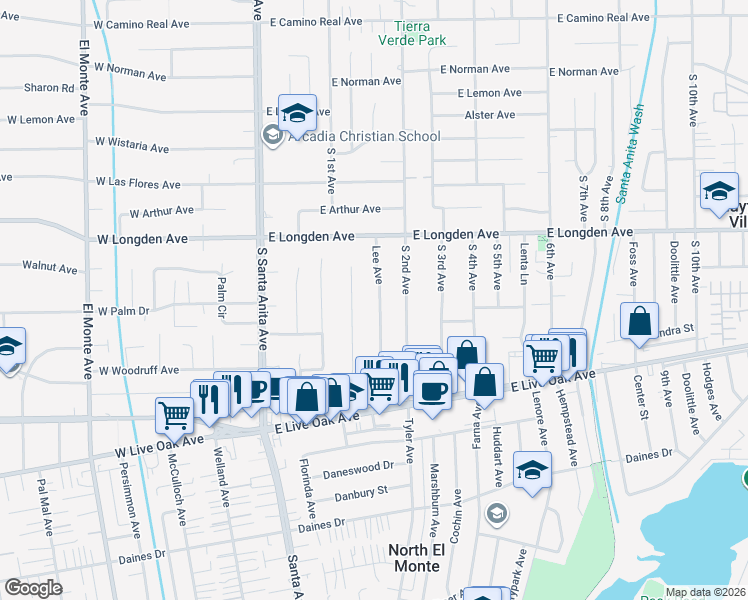 map of restaurants, bars, coffee shops, grocery stores, and more near 2401 Lee Avenue in Arcadia