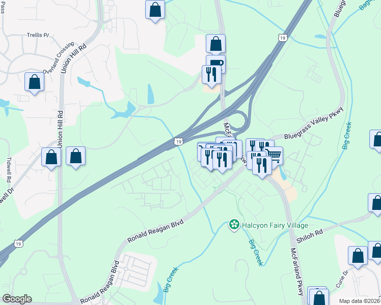 map of restaurants, bars, coffee shops, grocery stores, and more near McFarland Pkwy in Alpharetta