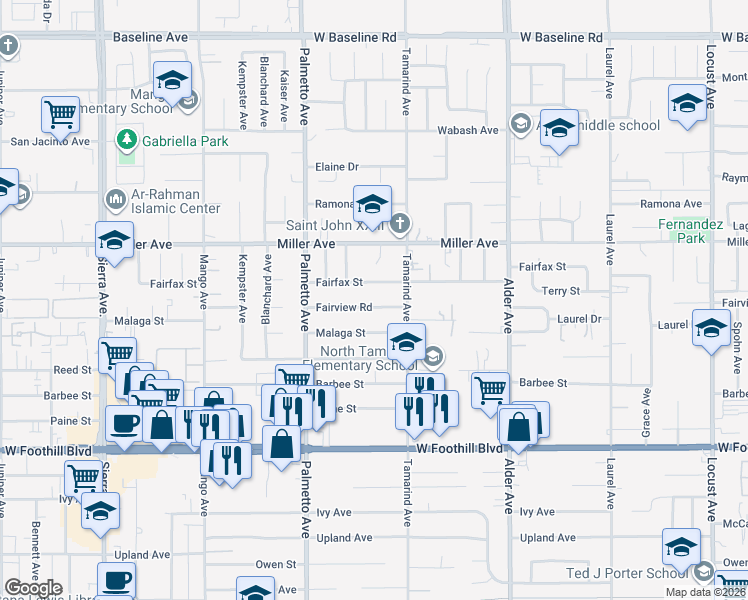 map of restaurants, bars, coffee shops, grocery stores, and more near 17419 Fairview Road in Fontana