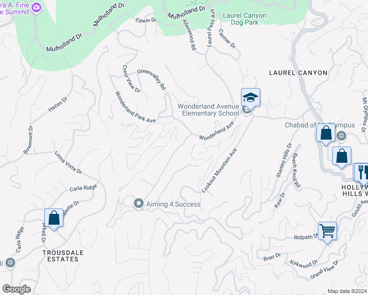 map of restaurants, bars, coffee shops, grocery stores, and more near 8738 Wonderland Avenue in Los Angeles