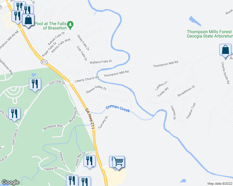 map of restaurants, bars, coffee shops, grocery stores, and more near 763 Sienna Valley Drive in Braselton