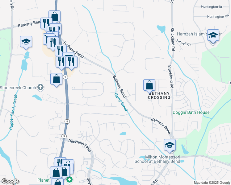 map of restaurants, bars, coffee shops, grocery stores, and more near 3330 Deer Valley Drive in Alpharetta