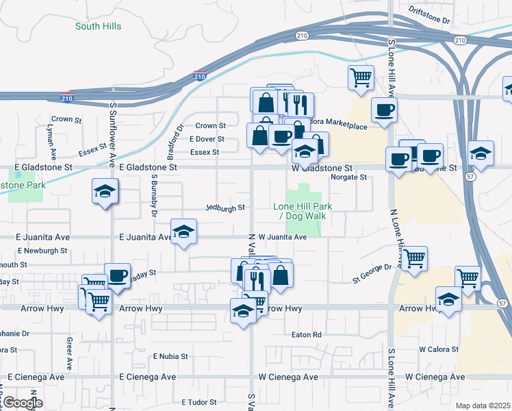 map of restaurants, bars, coffee shops, grocery stores, and more near 1440 Kirkwall Road in San Dimas